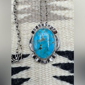 Navajo Native American Sterling Silver Natural Blue Turquoise Pendant Necklace